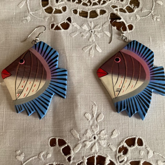 Handcrafted Wooden Fish Earrings Purple & Blue Lightweight Dangle Earrings - Picture 1 of 3